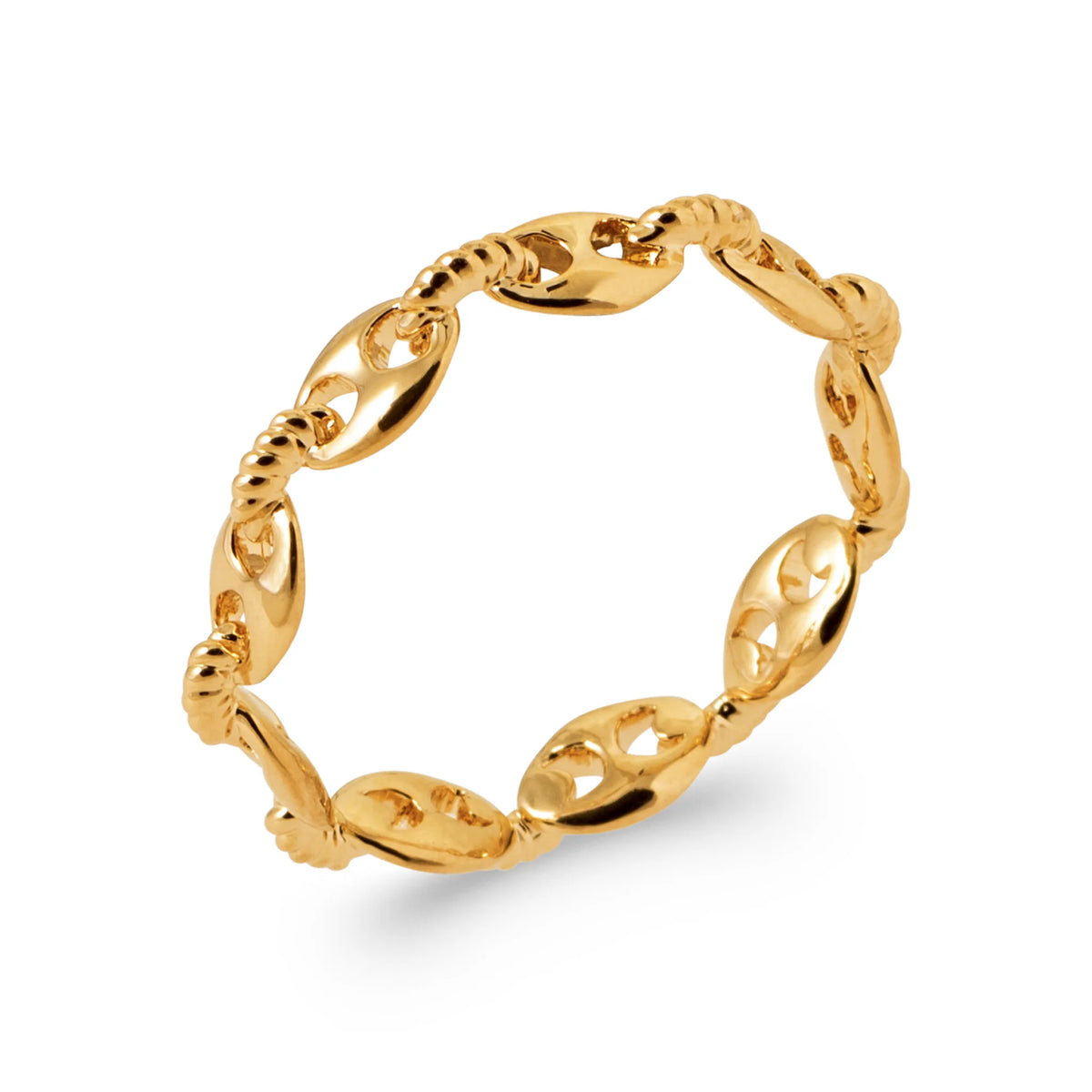 Bague maille marine aux maillons barrés en or poli en plaqué or, vue de trois quarts