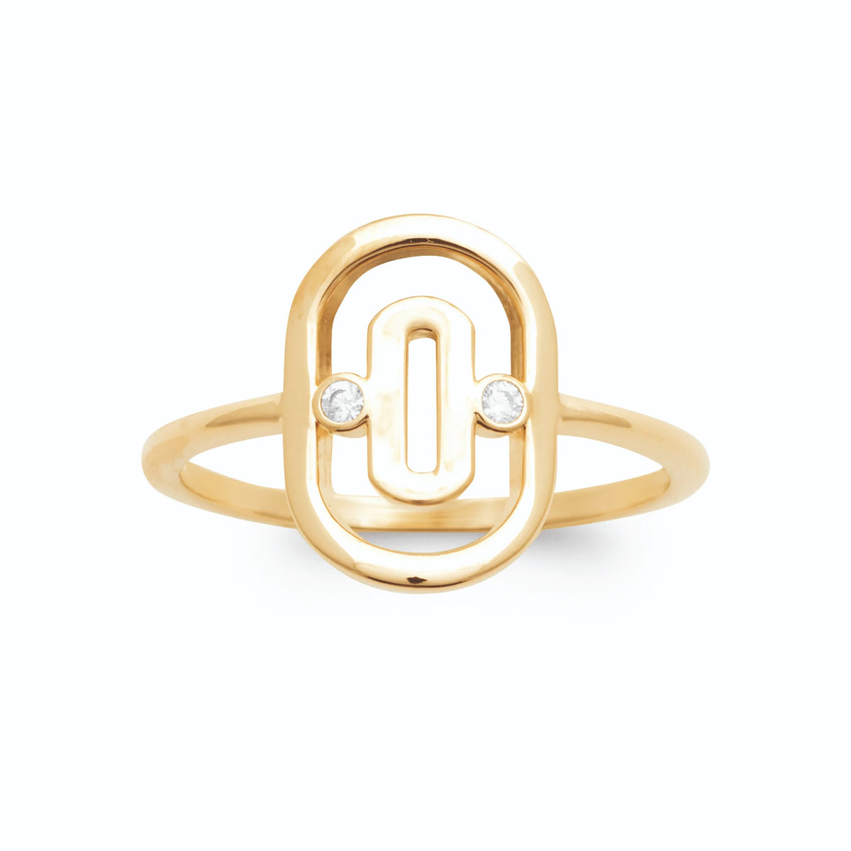 Bague maillon ovale à double contour et zircons plaqué or, vue de face