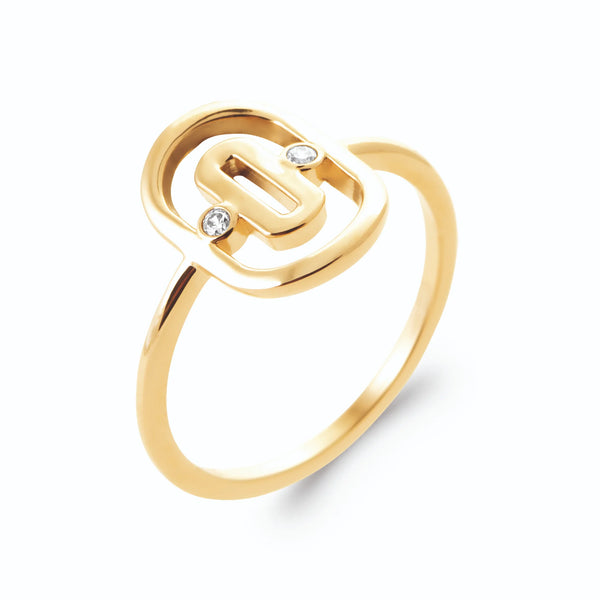 Bague maillon ovale à double contour et zircons en plaqué or, vue de trois quarts