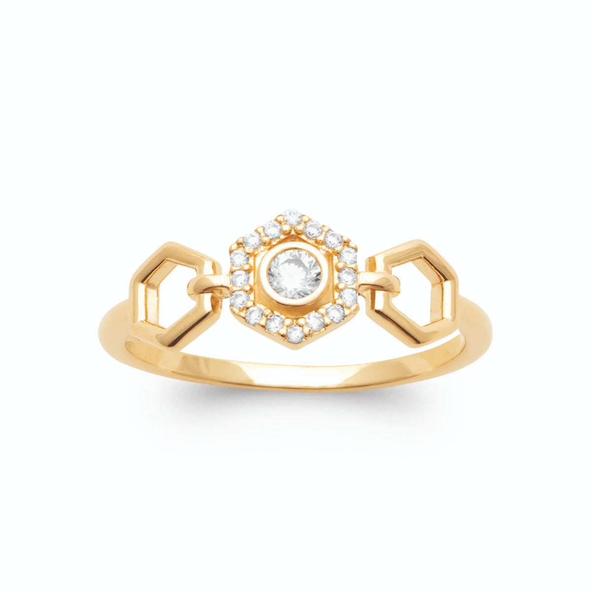 Bague maillons hexagonaux et hexagone pavé de zircons plaqué or, vue de face