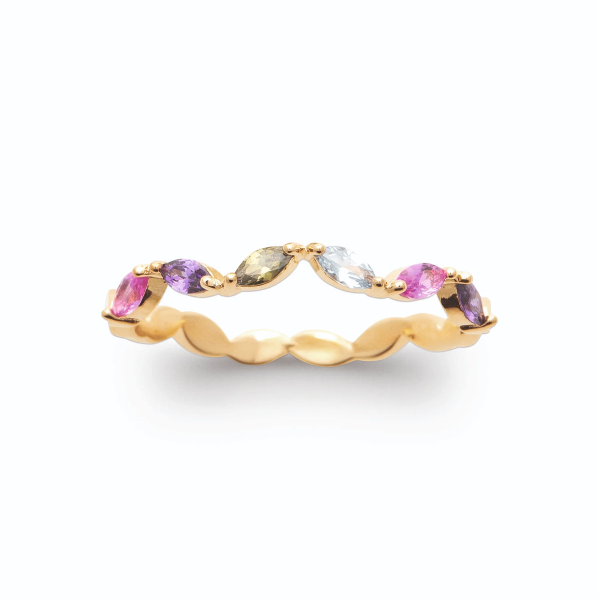 Bague maillons ondulés pierres navettes multicolores plaqué or, vue de face