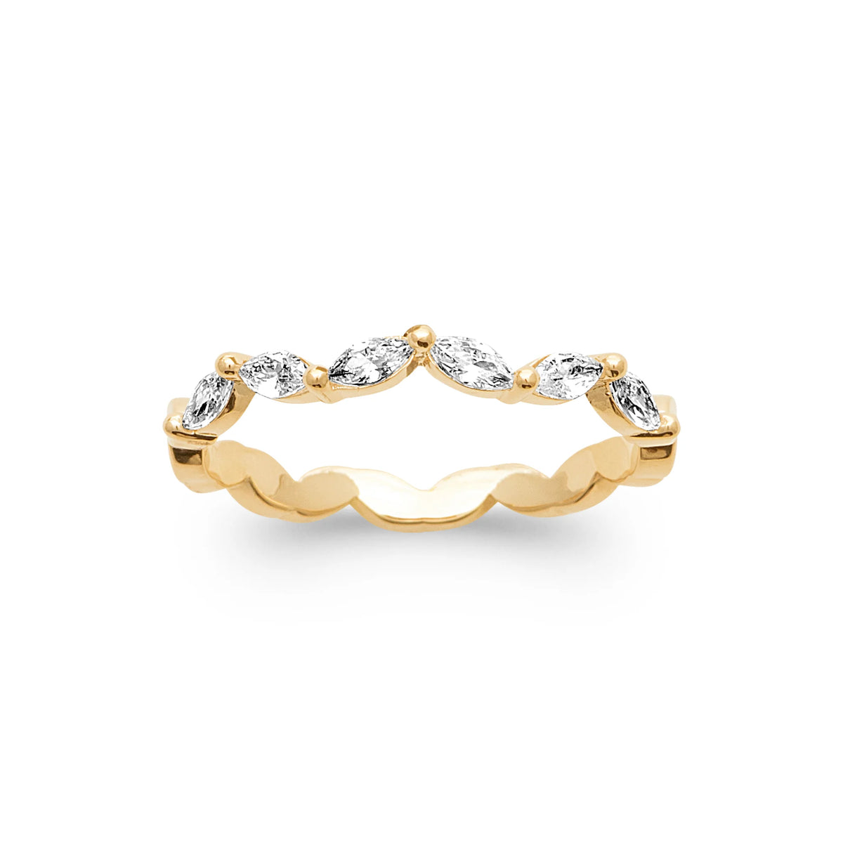 Bague maillons ondulés et zircons navettes plaqué or, vue de face