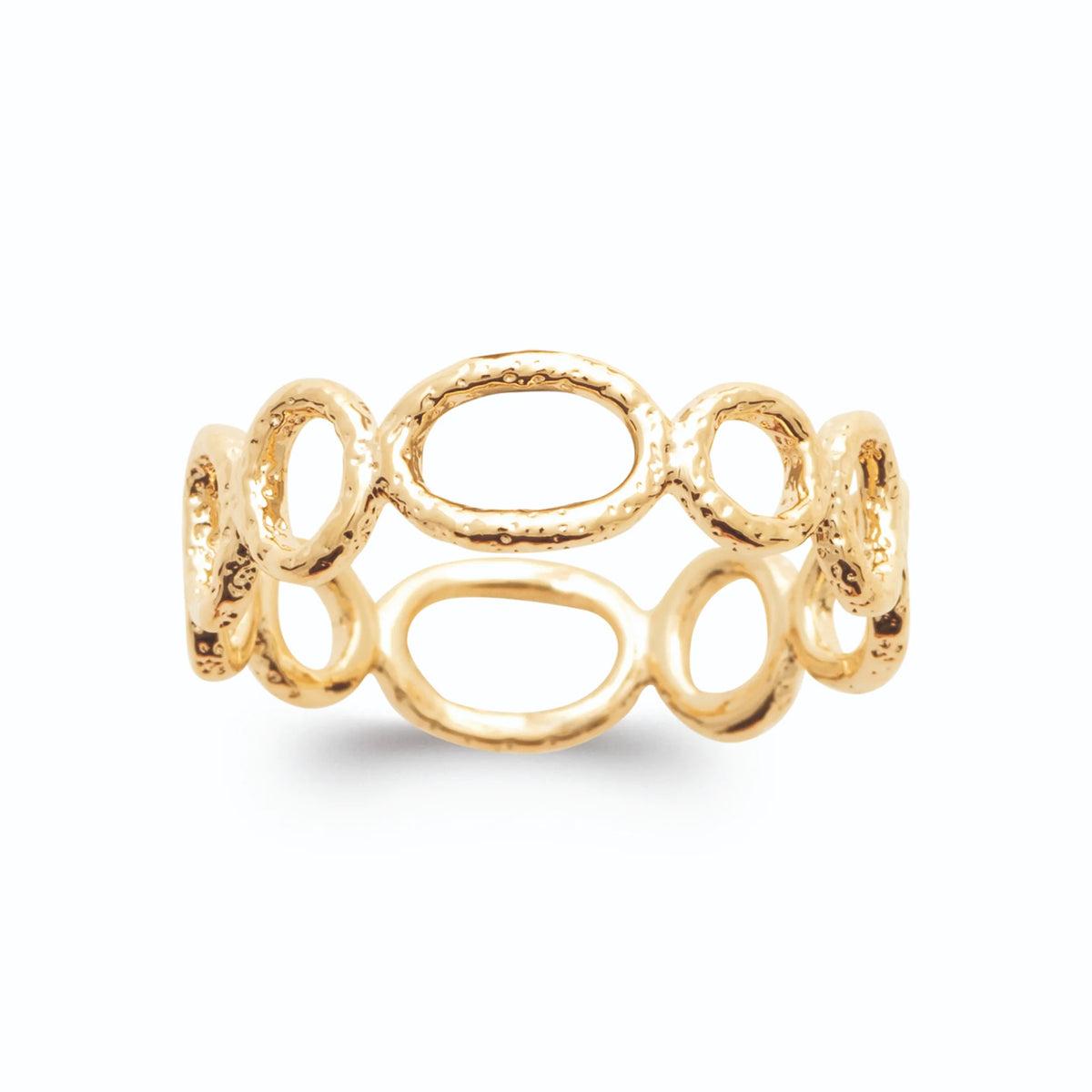Bague maillons ovales ajourés et granulés plaqué or, vue de face