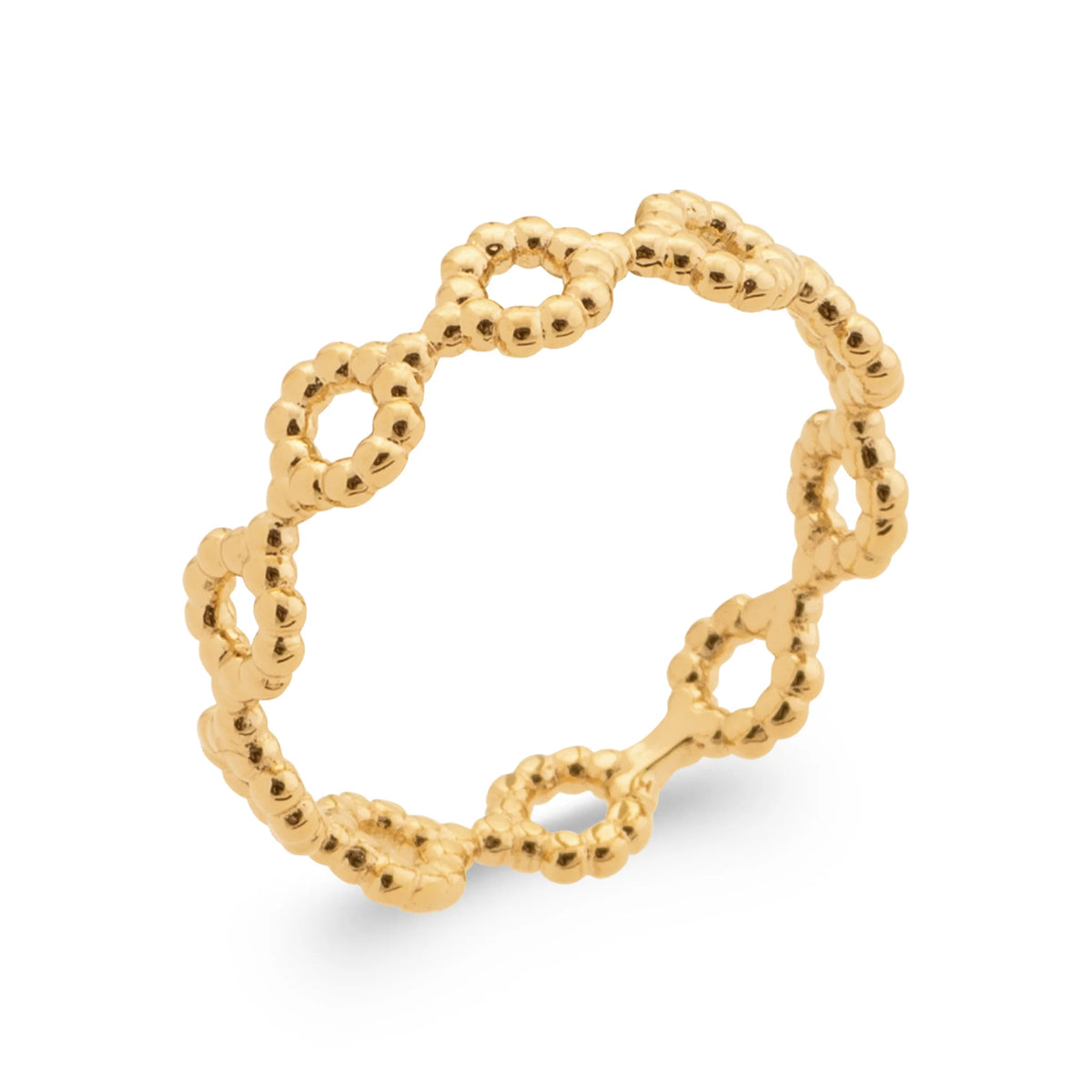 Bague maillons ovales perlés de grains d’or enchaînés en plaqué or, vue de trois quarts