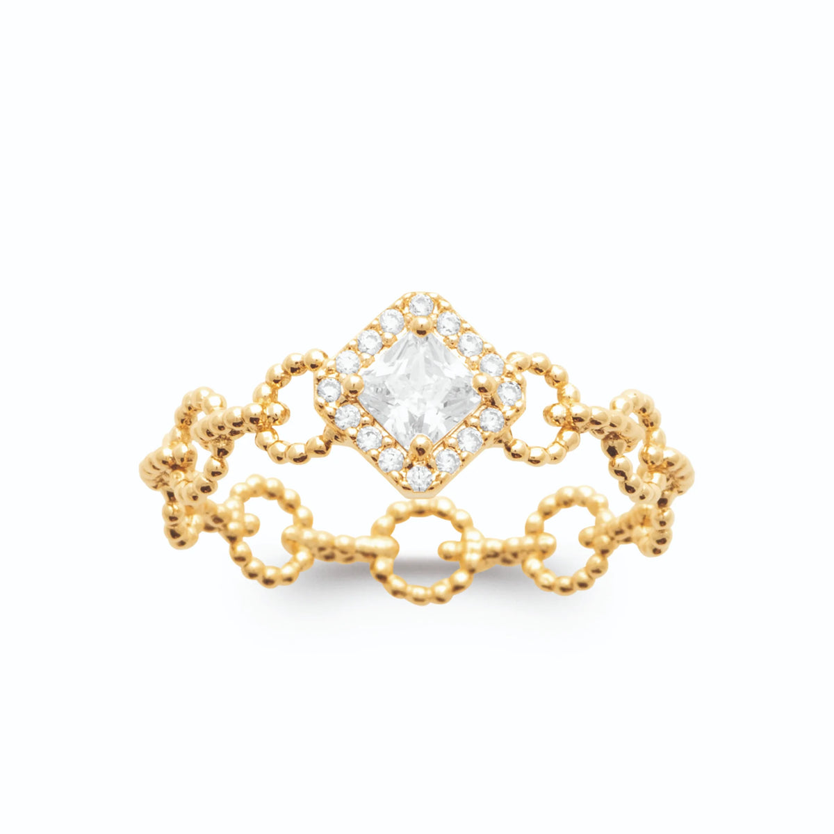 Bague maillons ovales perlés et zircon coussin entouré en plaqué or