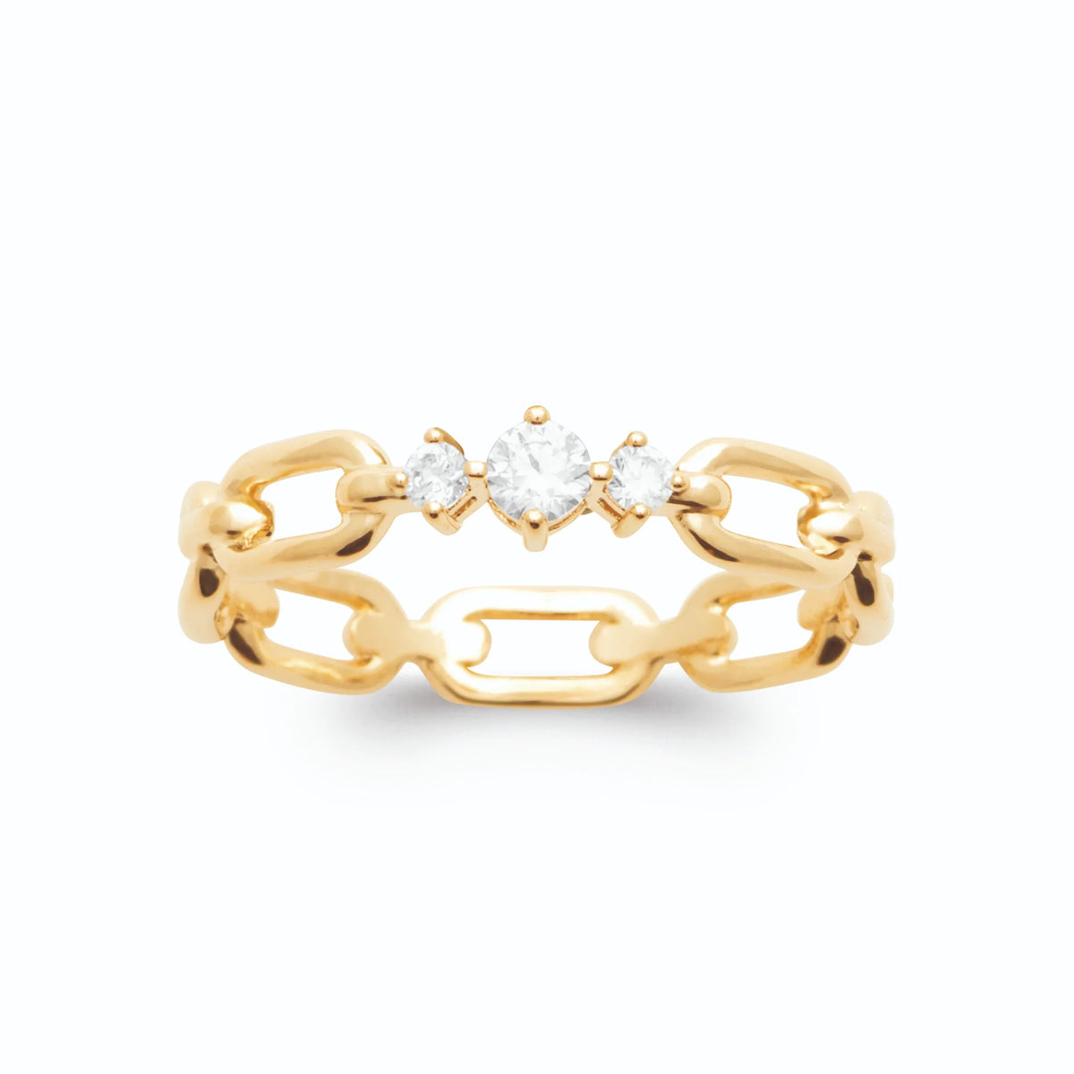 Bague maillons rectangulaires et trois zircons plaqué or, vue de face