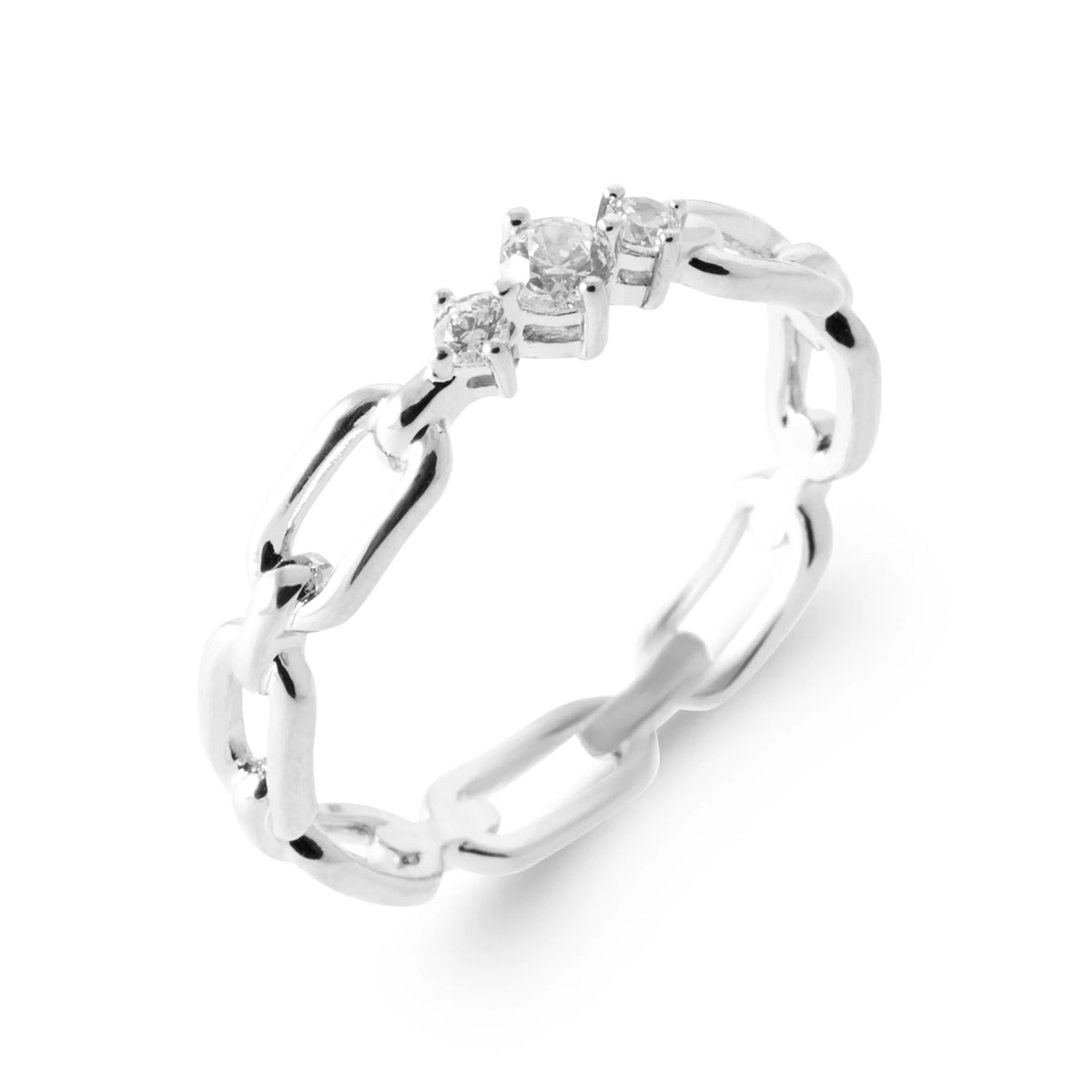 Bague maillons trombone et petits zircons en argent 925