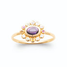 Bague marguerite cabochon violet et pierres multicolores plaqué or, vue de face