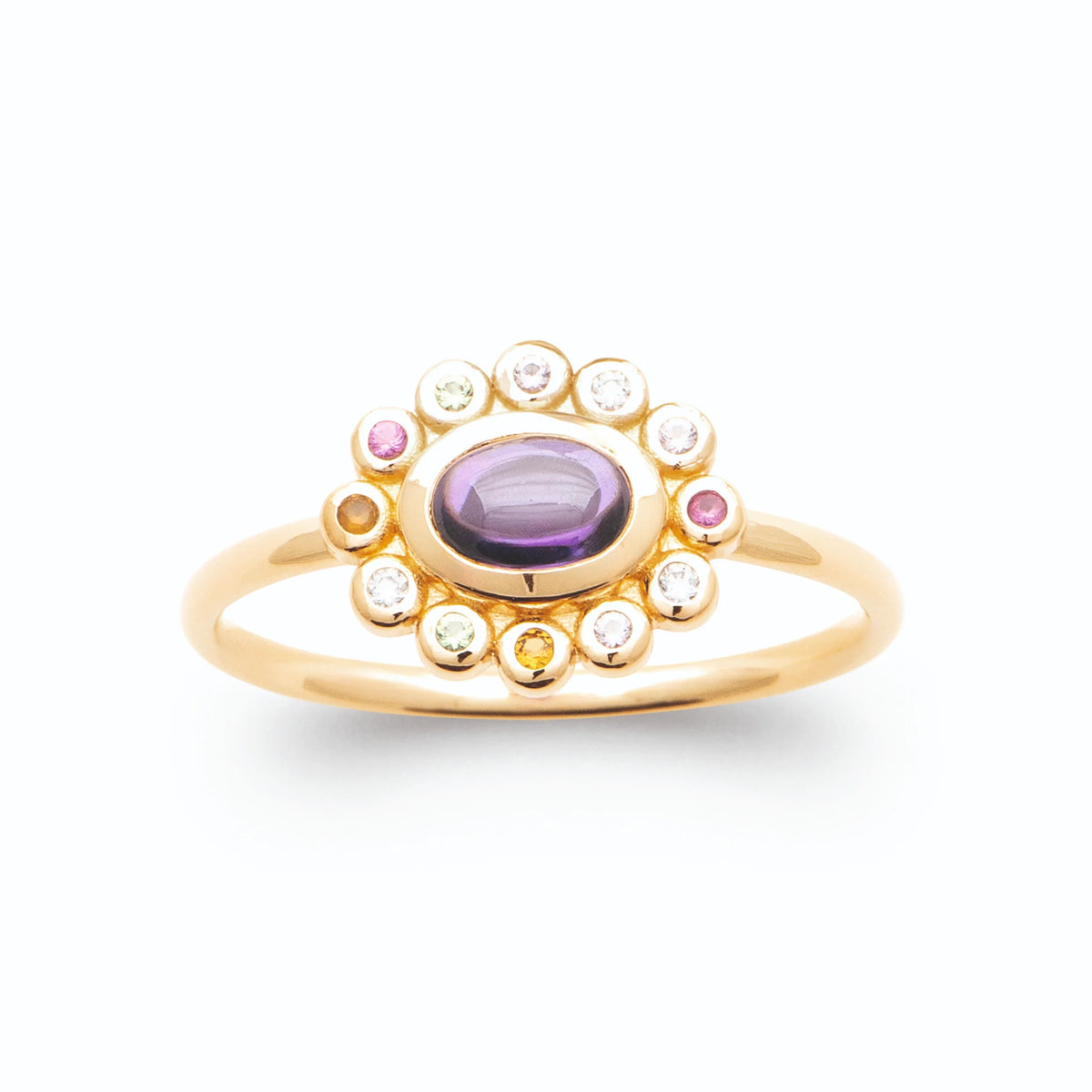 Bague marguerite cabochon violet et pierres multicolores plaqué or, vue de face