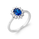 Bague marguerite pierre bleue ovale et halo de zircons en argent 925, vue de face