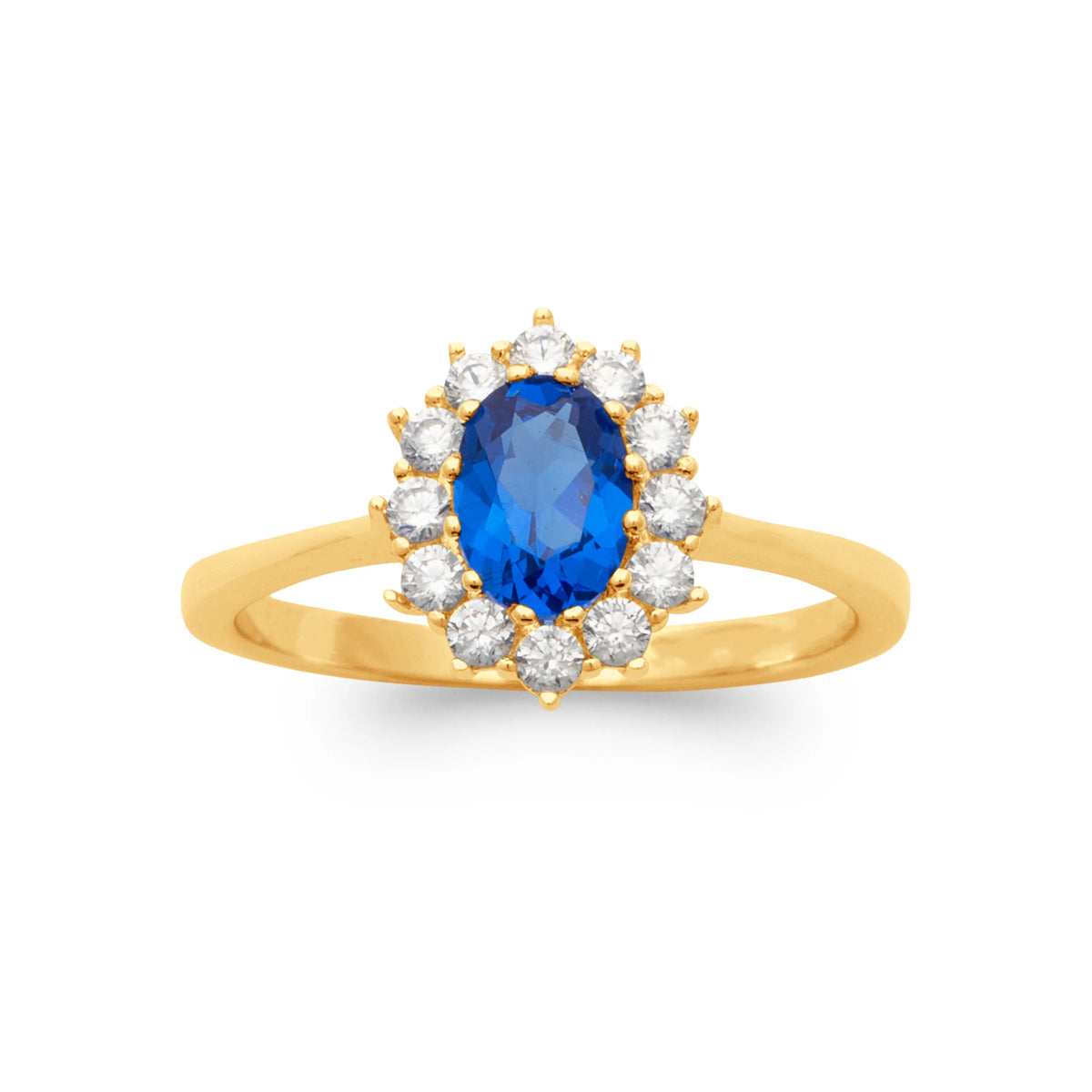 Bague marguerite pierre bleue ovale et halo de zircons en plaqué or