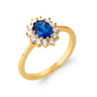 Bague marguerite pierre bleue ovale et halo de zircons en plaqué or