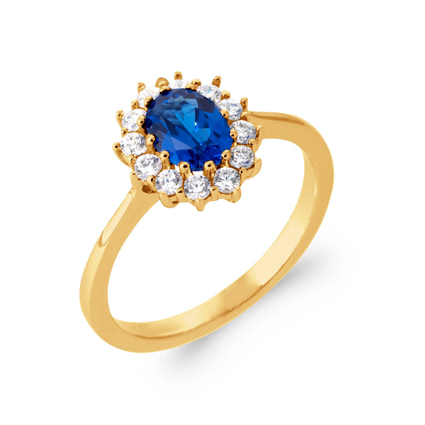 Bague marguerite pierre bleue ovale et halo de zircons en plaqué or
