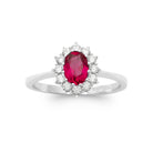 Bague marguerite pierre rouge ovale et halo de zircons en argent 925, vue de dessus