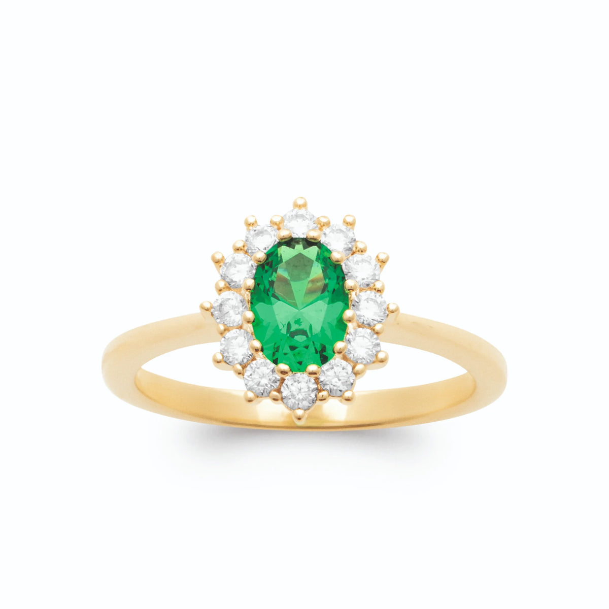 Bague marguerite pierre verte ovale et halo de zircons en plaqué or