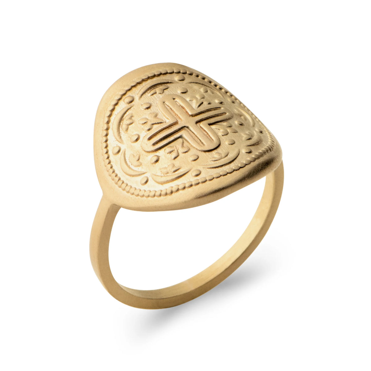 Bague médaille en écusson ciselée d’une croix et d’arabesques en plaqué or