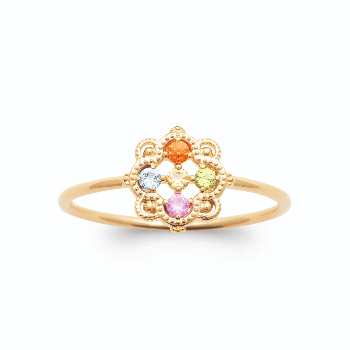 Bague médaillon dentelle cinq pierres multicolores en plaqué or