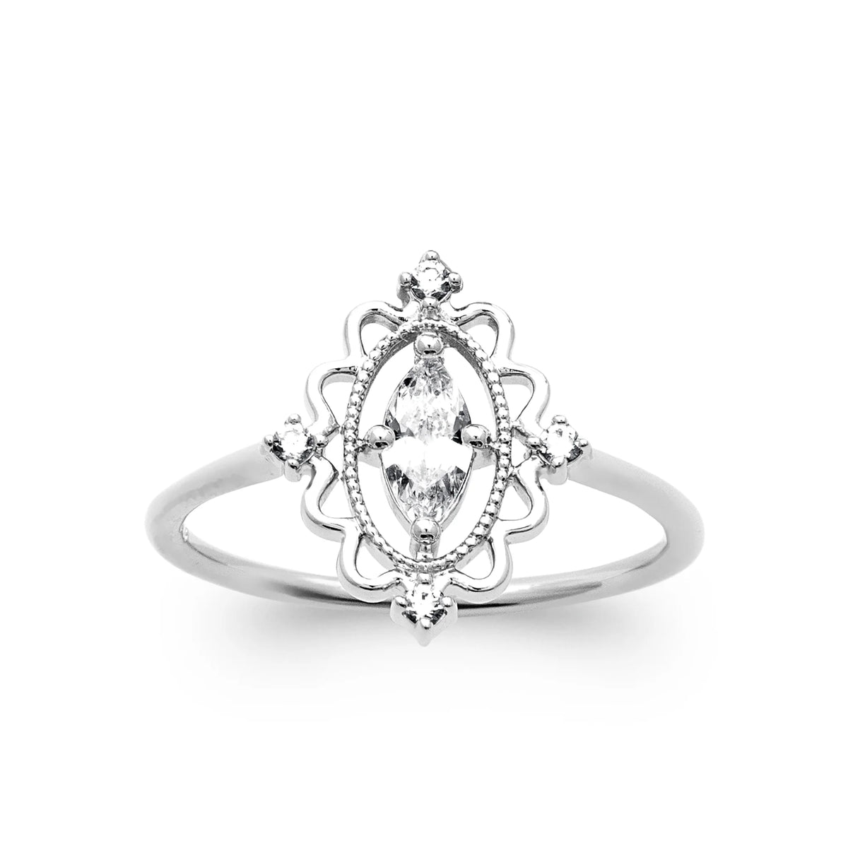 Bague médaillon dentelle et zircon navette en argent 925