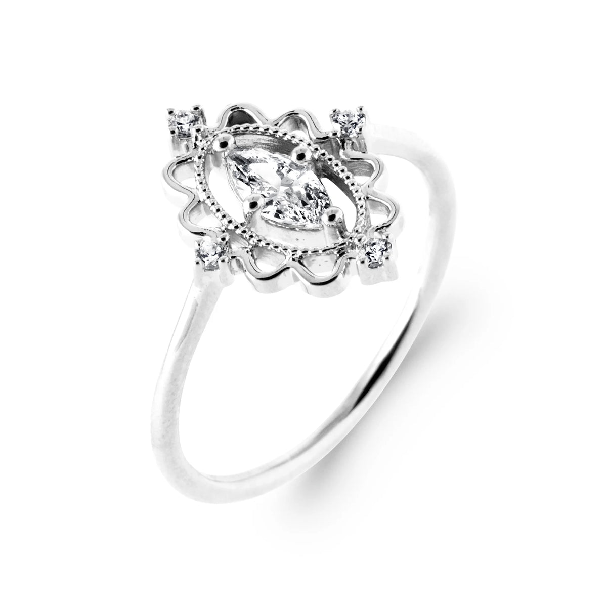 Bague médaillon dentelle et zircon navette en argent 925
