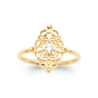 Bague plaqué or, médaillon ovale en dentelle ajourée et zircon poire, vue de face