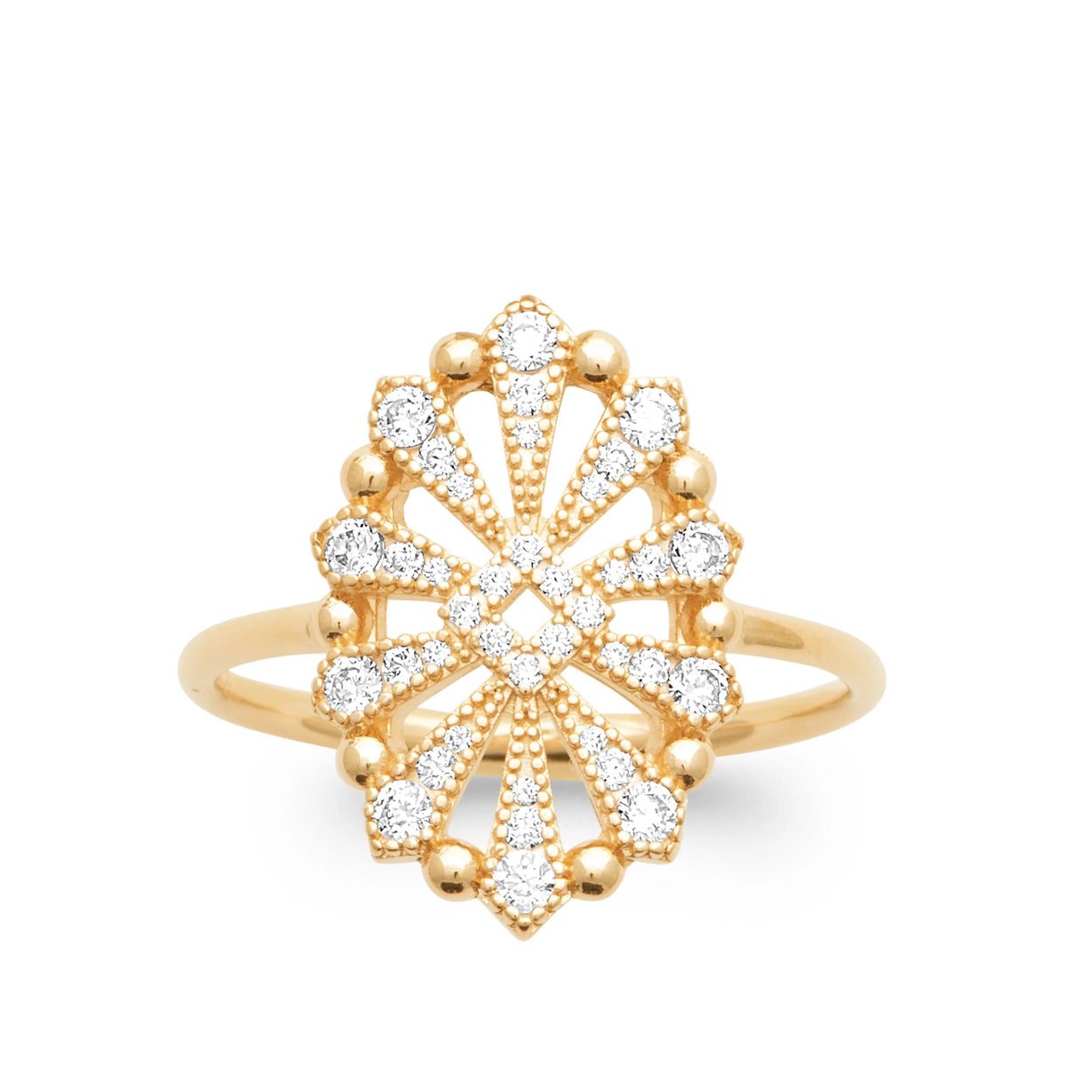 Bague médaillon éventail rayonnant ajouré et zircons plaqué or, vue de face