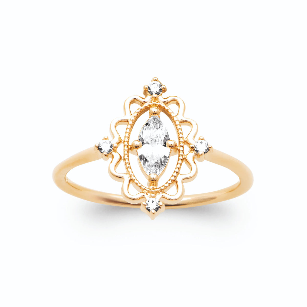 Bague médaillon festonné zircon navette plaqué or, vue de face