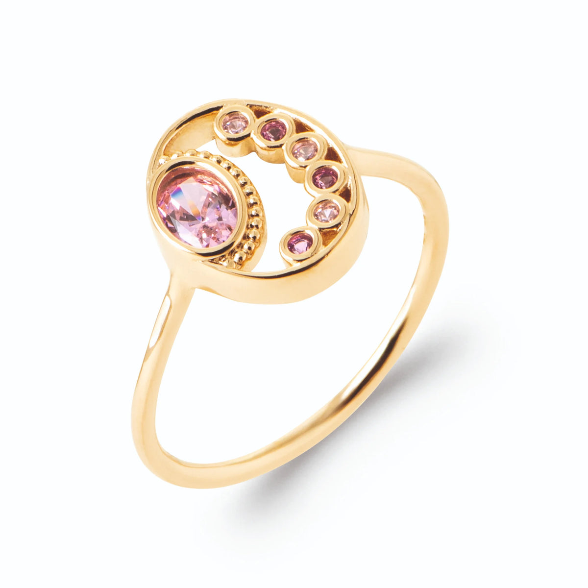 Bague médaillon lune pierre ovale rose et croissant de pierres roses en plaqué or