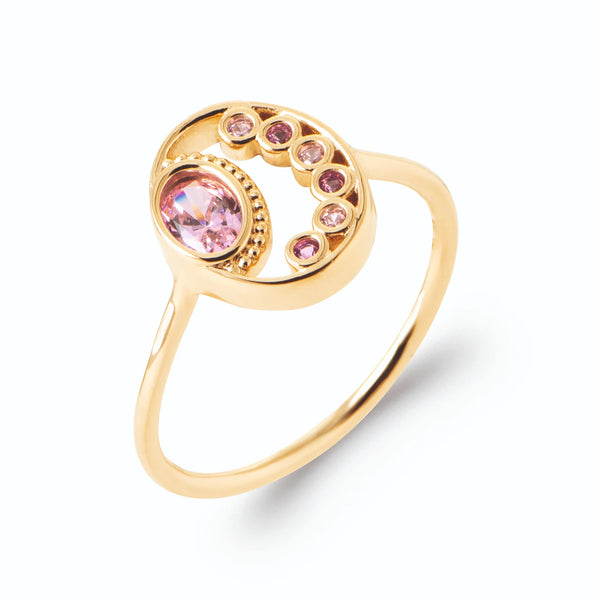 Bague médaillon lune pierre ovale rose et croissant de pierres roses en plaqué or