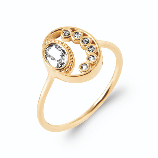 Bague médaillon lune zircon ovale et croissant de zircons en plaqué or
