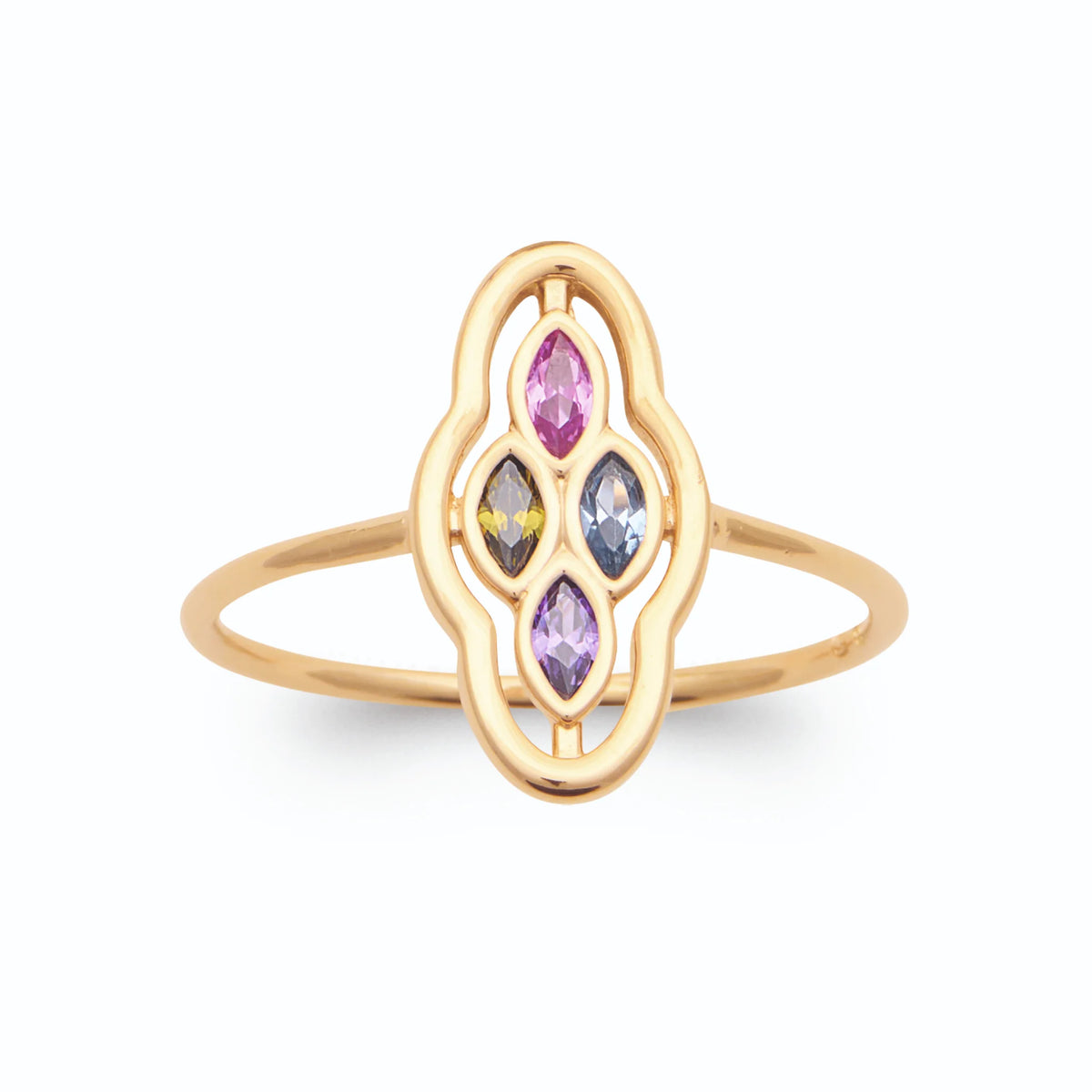 Bague médaillon nuage quatre pierres navettes multicolores plaqué or, vue de face