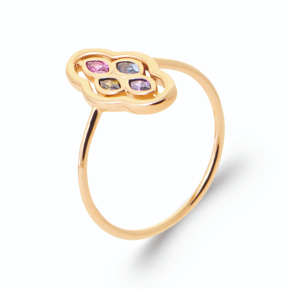 Bague médaillon nuage quatre pierres navettes multicolores en plaqué or, vue de trois quarts
