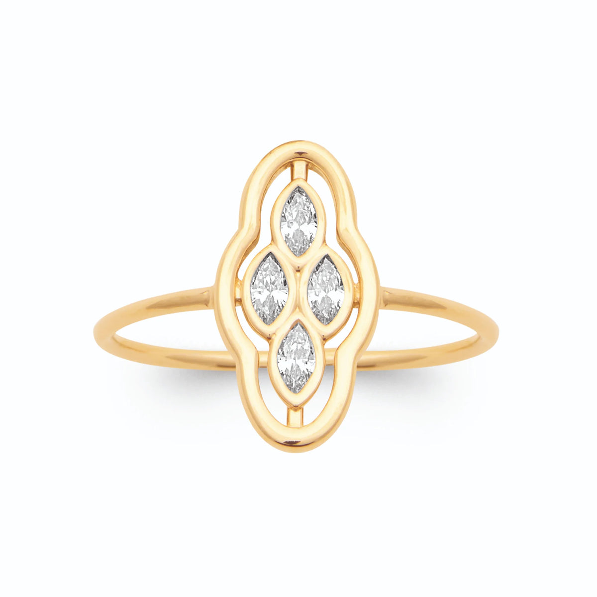 Bague médaillon nuage quatre zircons navettes plaqué or, vue de face