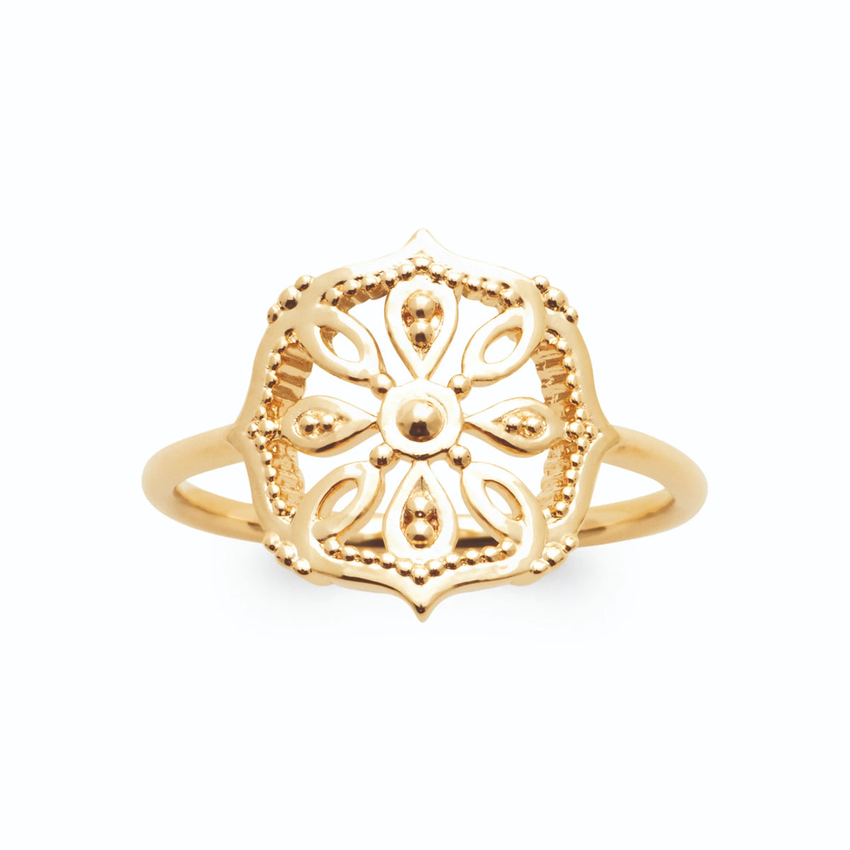 Bague médaillon octogonal festonné en filigrane et grains d’or plaqué or, vue de face