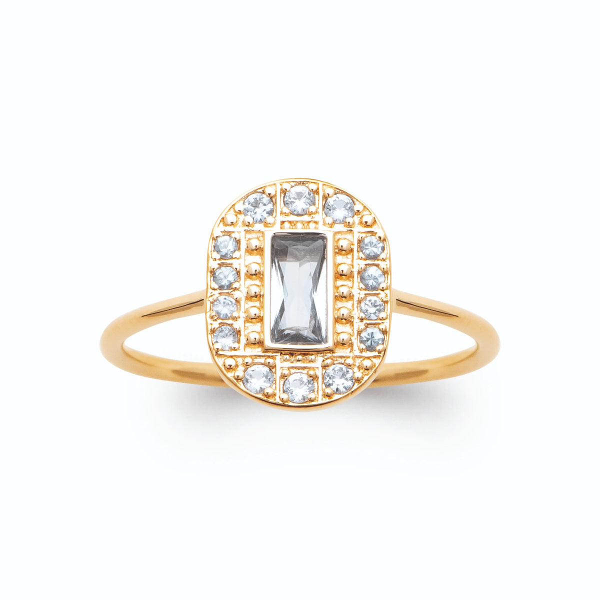Bague médaillon octogonal pierre bleu glacier en plaqué or