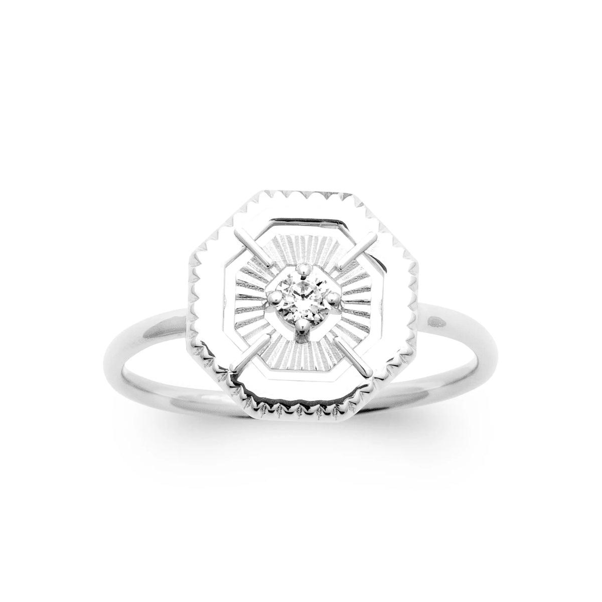 Bague médaillon octogonal et zircon rayonnant en argent 925