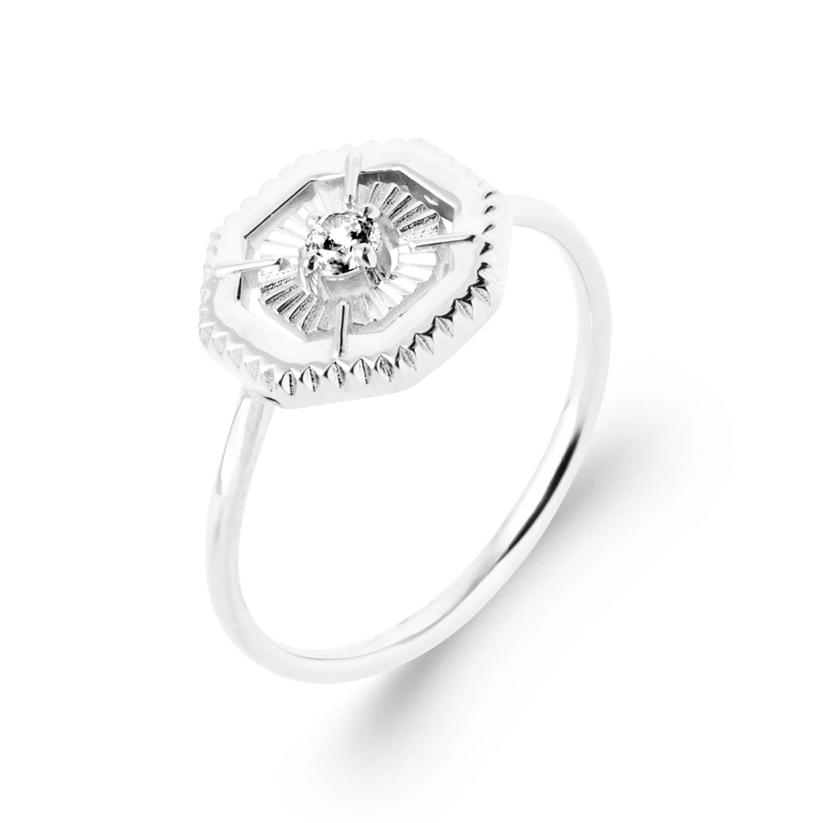Bague médaillon octogonal et zircon rayonnant en argent 925