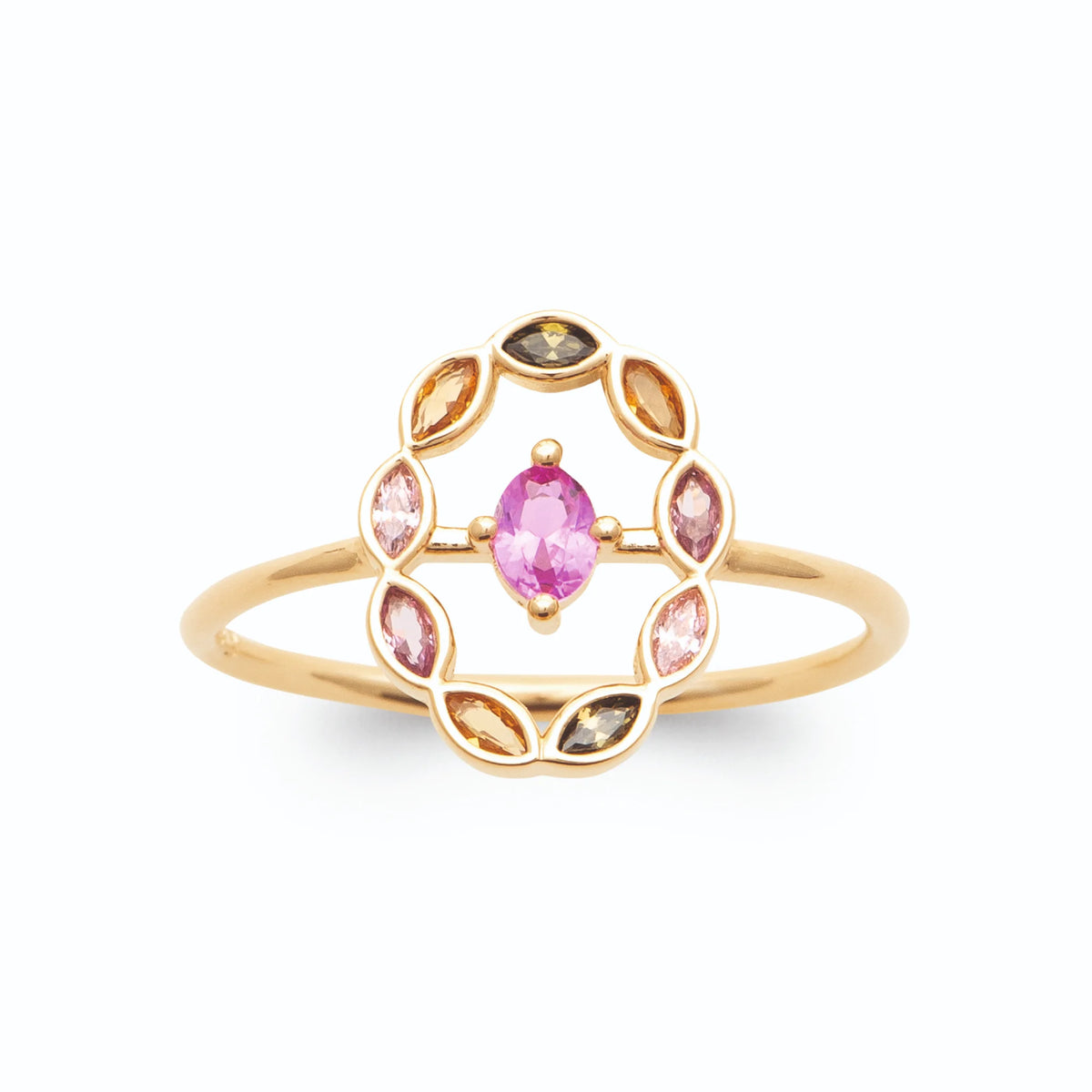 Bague médaillon ovale ajouré pierre rose et couronne de navettes en plaqué or