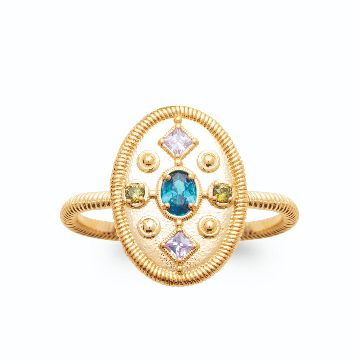 Bague médaillon ovale cordé pierre bleu profond et pierres en croix plaqué or, vue de face
