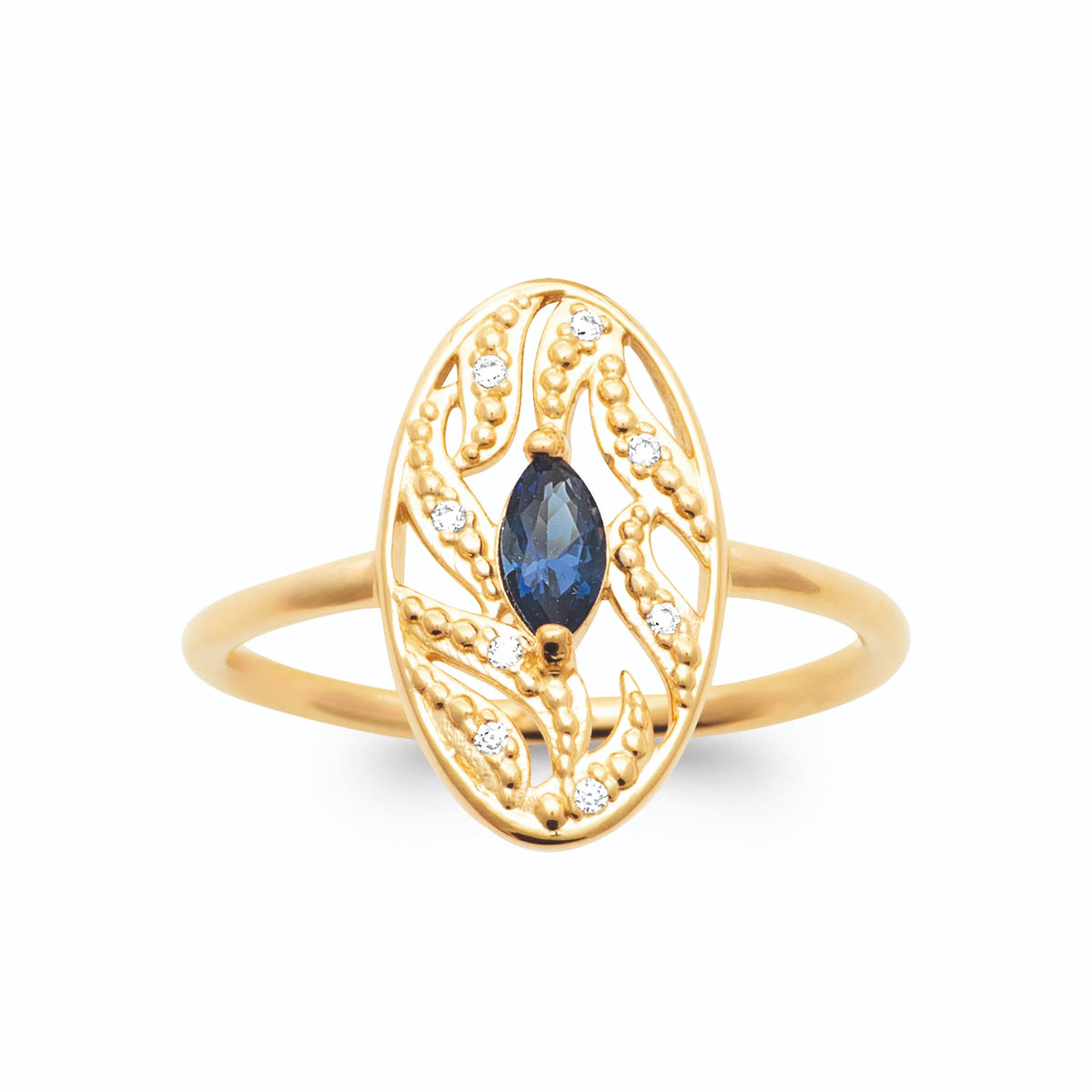 Bague médaillon ovale filigrané pierre navette bleu nuit et zircons plaqué or, vue de face