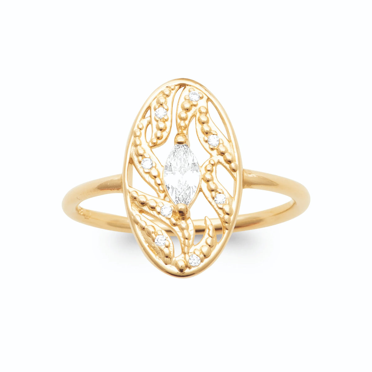 Bague médaillon ovale filigrané zircon navette plaqué or, vue de face