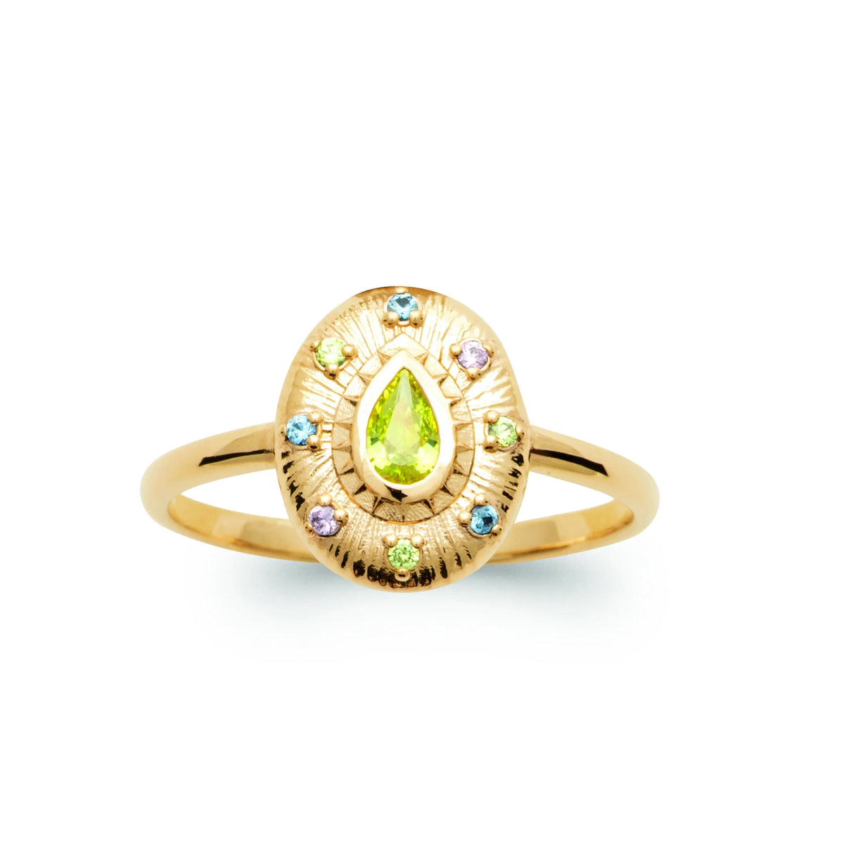 Bague médaillon ovale guilloché pierre poire vert anis plaqué or, vue de face
