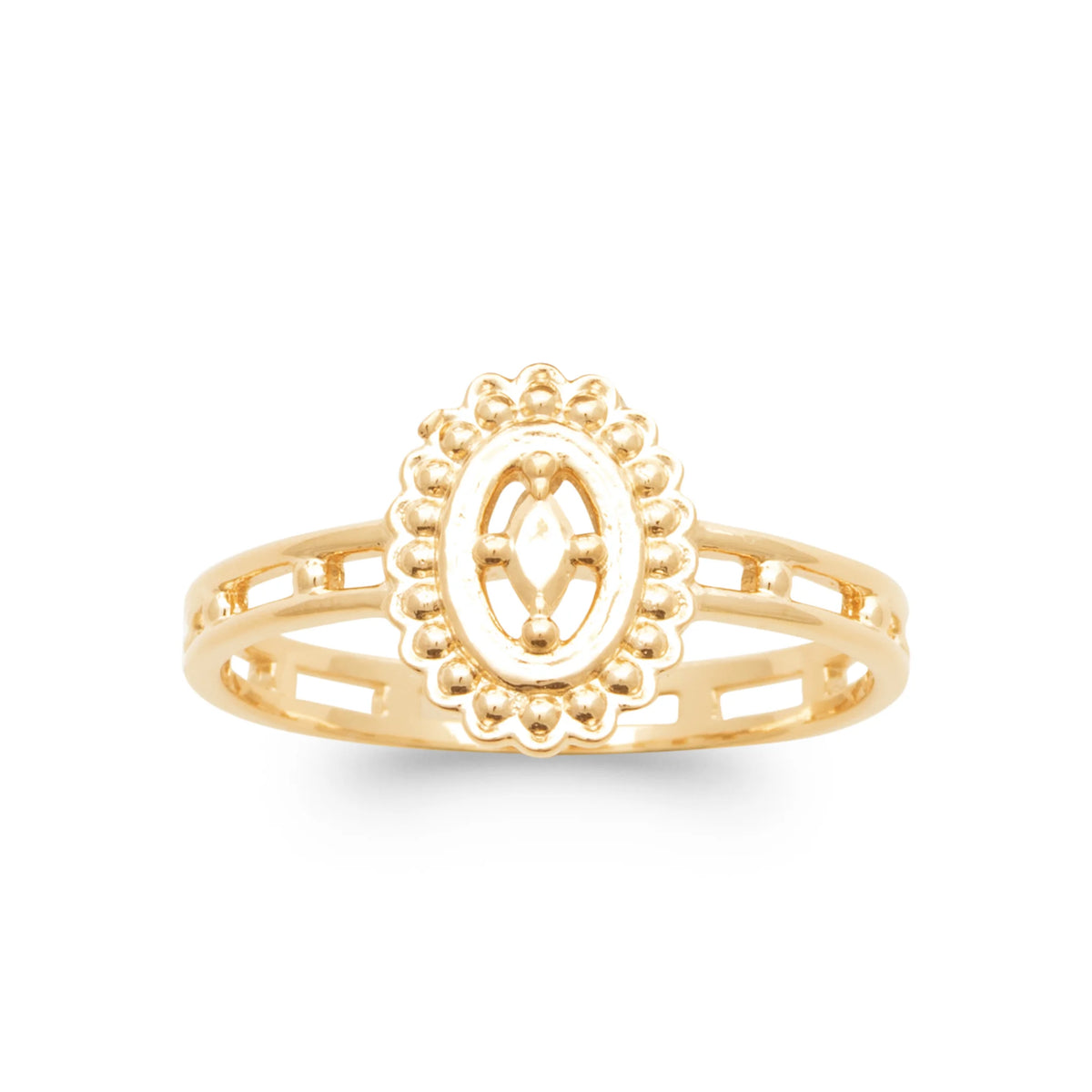 Bague médaillon ovale perlé et navette d’or plaqué or, vue de face
