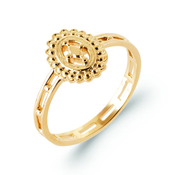 Bague médaillon ovale perlé et navette d’or en plaqué or, vue de trois quarts