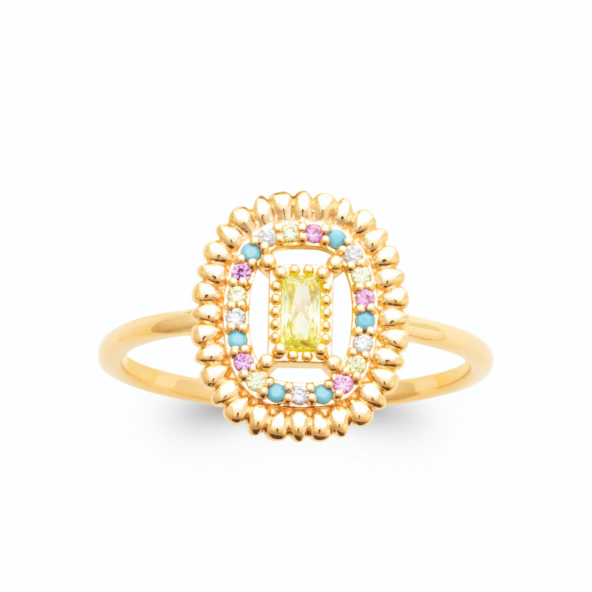 Bague médaillon ovale perlé pierre jaune et pierres pastel en plaqué or