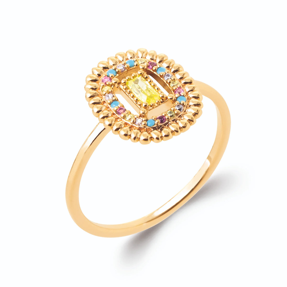 Bague médaillon ovale perlé pierre jaune et pierres pastel en plaqué or