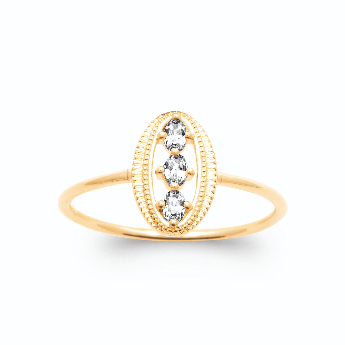 Bague médaillon ovale trois zircons plaqué or, vue de face