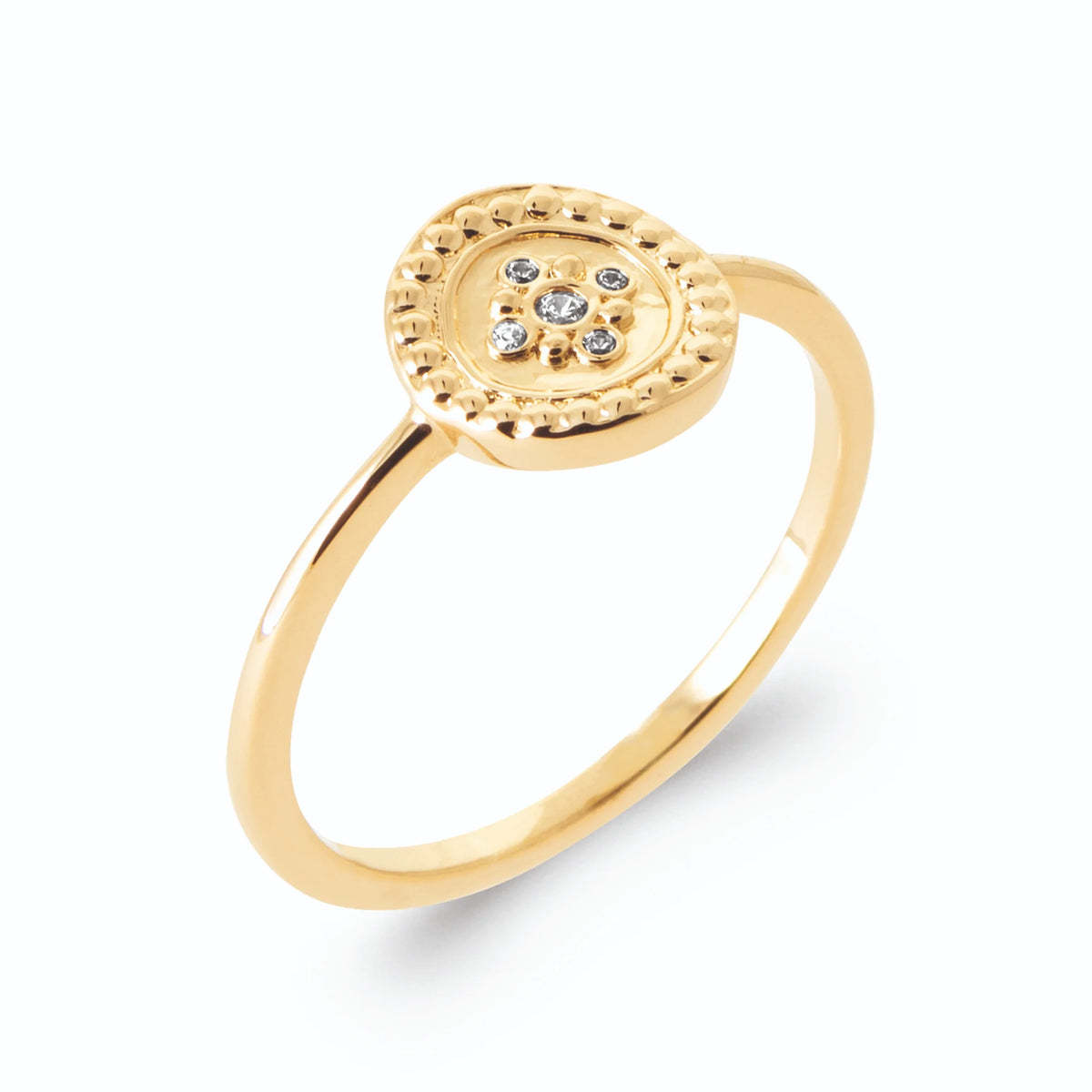 Bague médaillon rond bordure torsadée et zircon étoilé en plaqué or