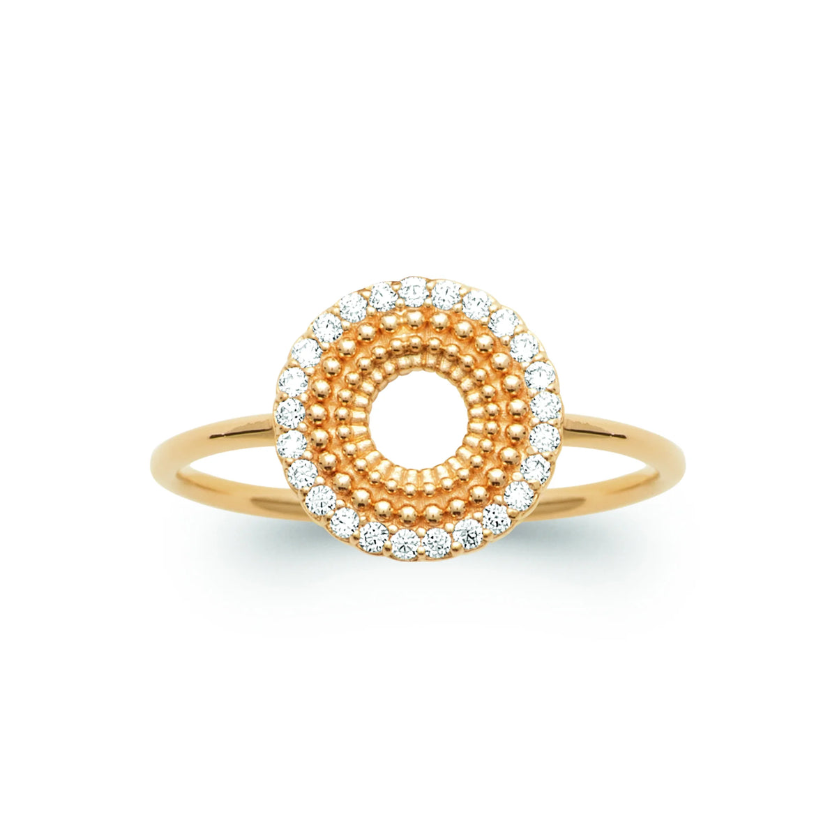 Bague médaillon rond cercles de grains d’or et halo de zircons plaqué or, vue de face