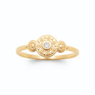 Bague médaillon rond granulé zircon et deux pastilles en plaqué or