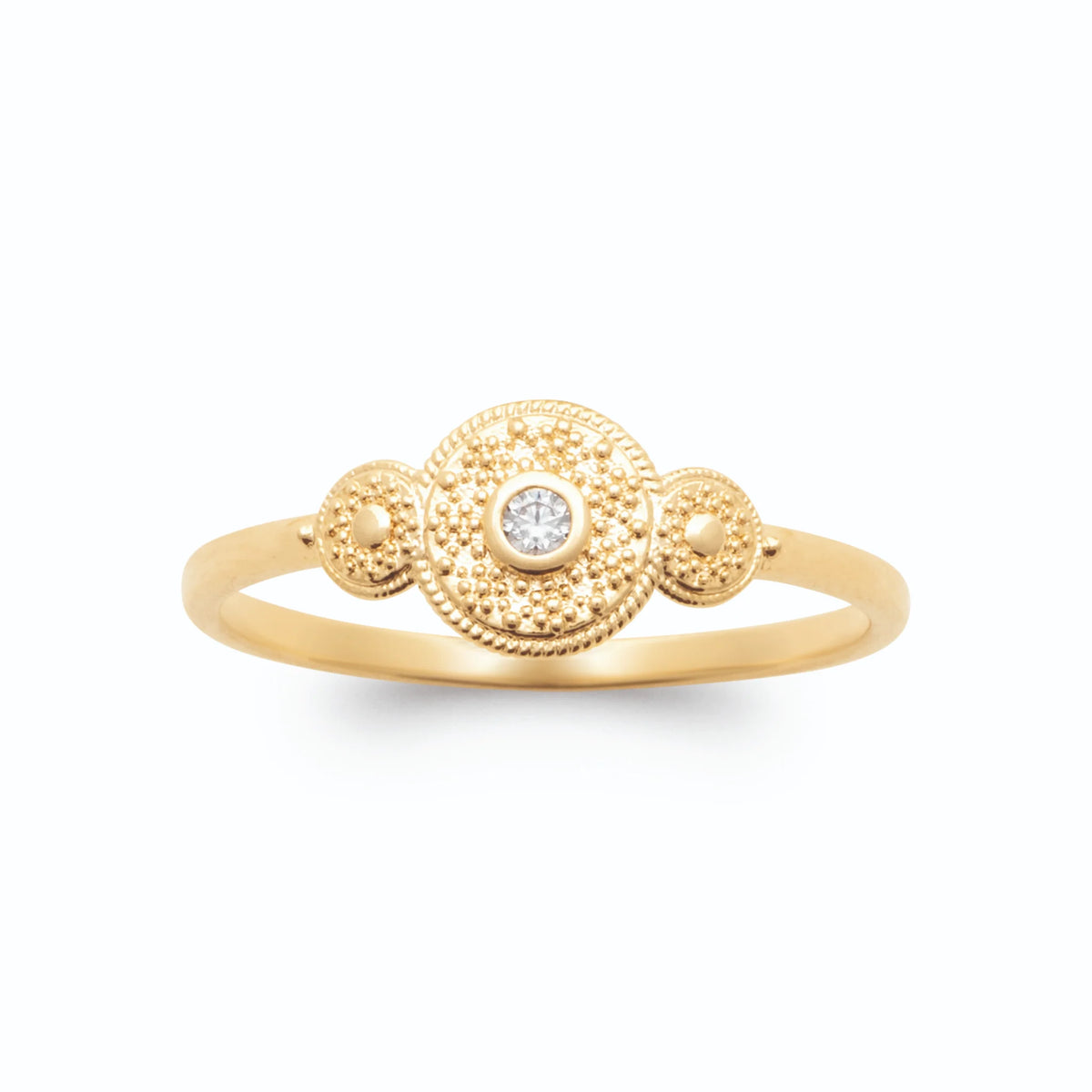 Bague médaillon rond granulé zircon et deux pastilles en plaqué or